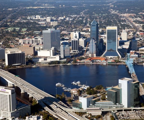 Aerial of Downtown Jacksonville, Florida from over the South Side of the city